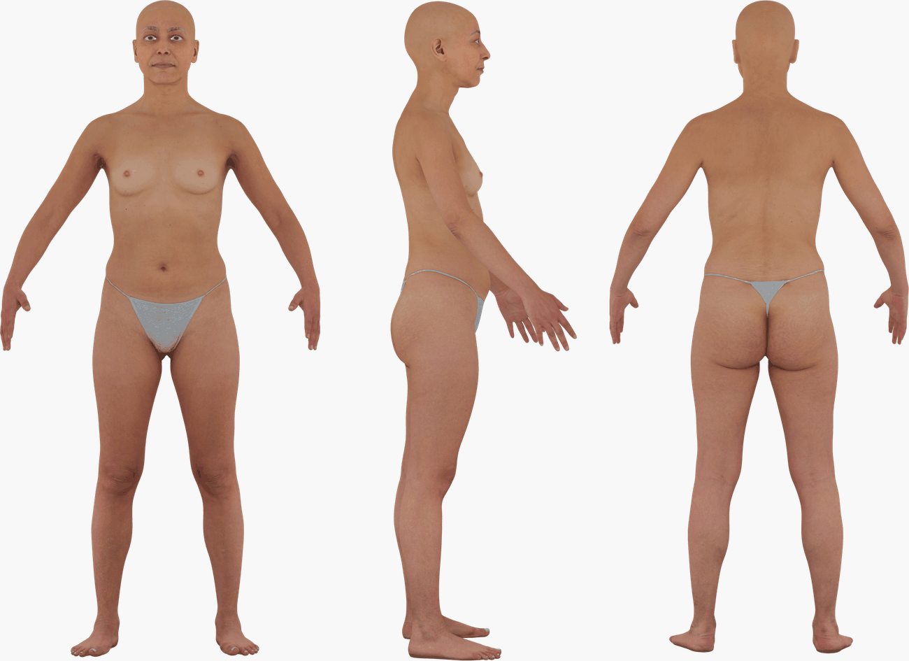 PBR texture map set for a female 3D body scan including albedo, normals, specular, metalness, and diffuse channels